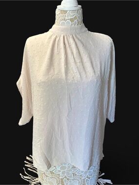 SHEIN Cream Dot-Textured Mock Neck Blouse
